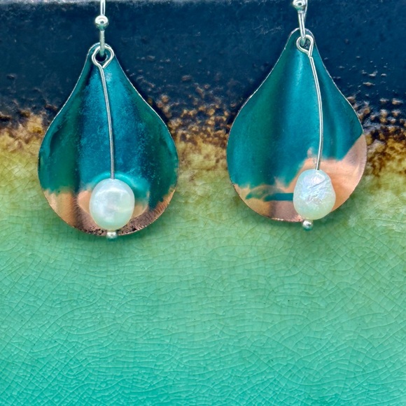 Be unique! Cool teal and copper earrings - Picture 1 of 4
